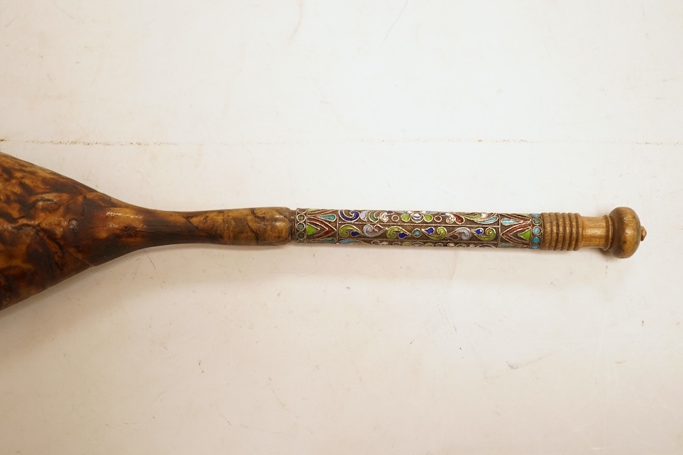 A Russian or eastern European rootwood spoon with enamel handle, 24cm in length